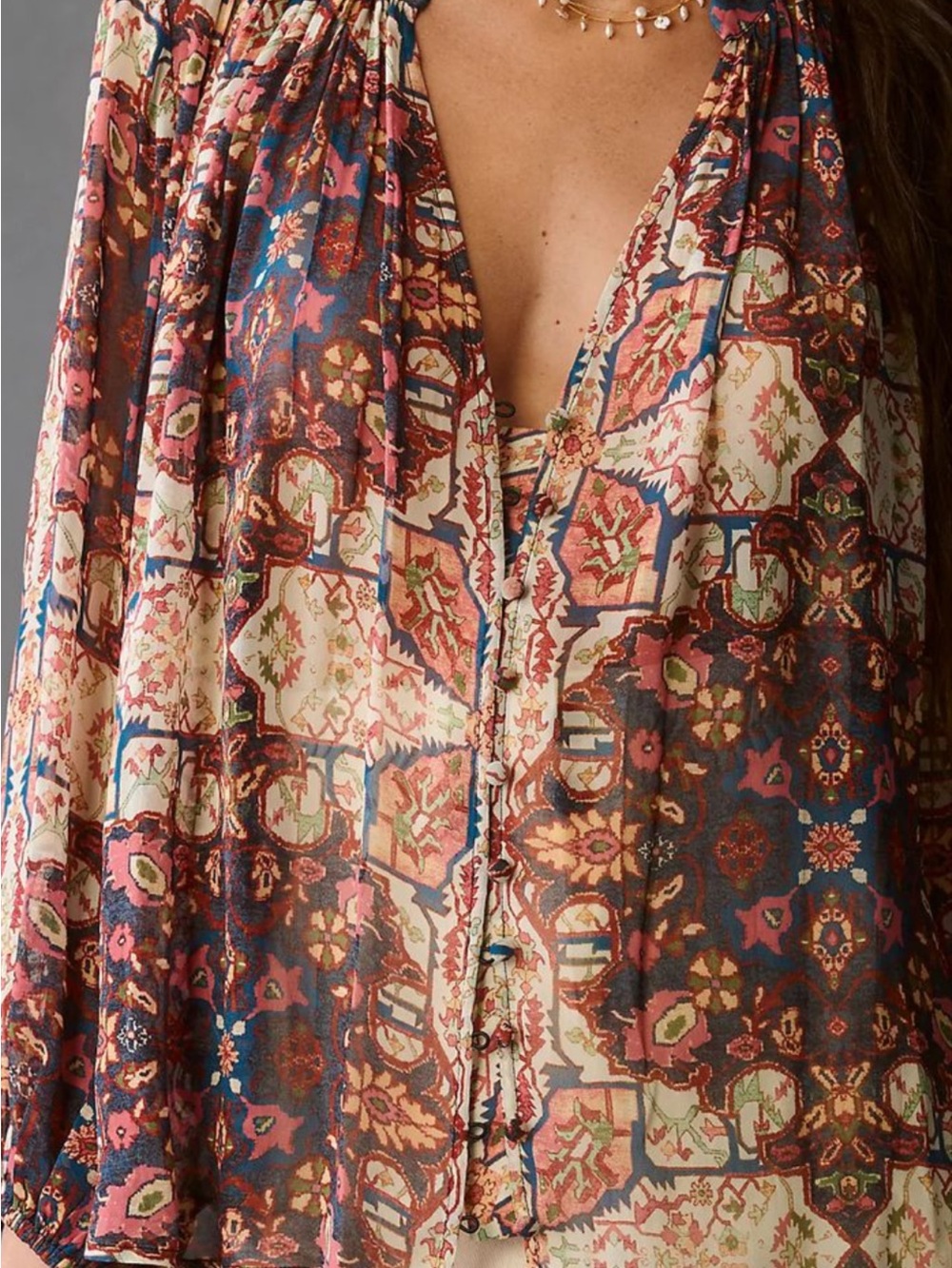 Floral Patchwork Long-Sleeve Blouse - Multicolor